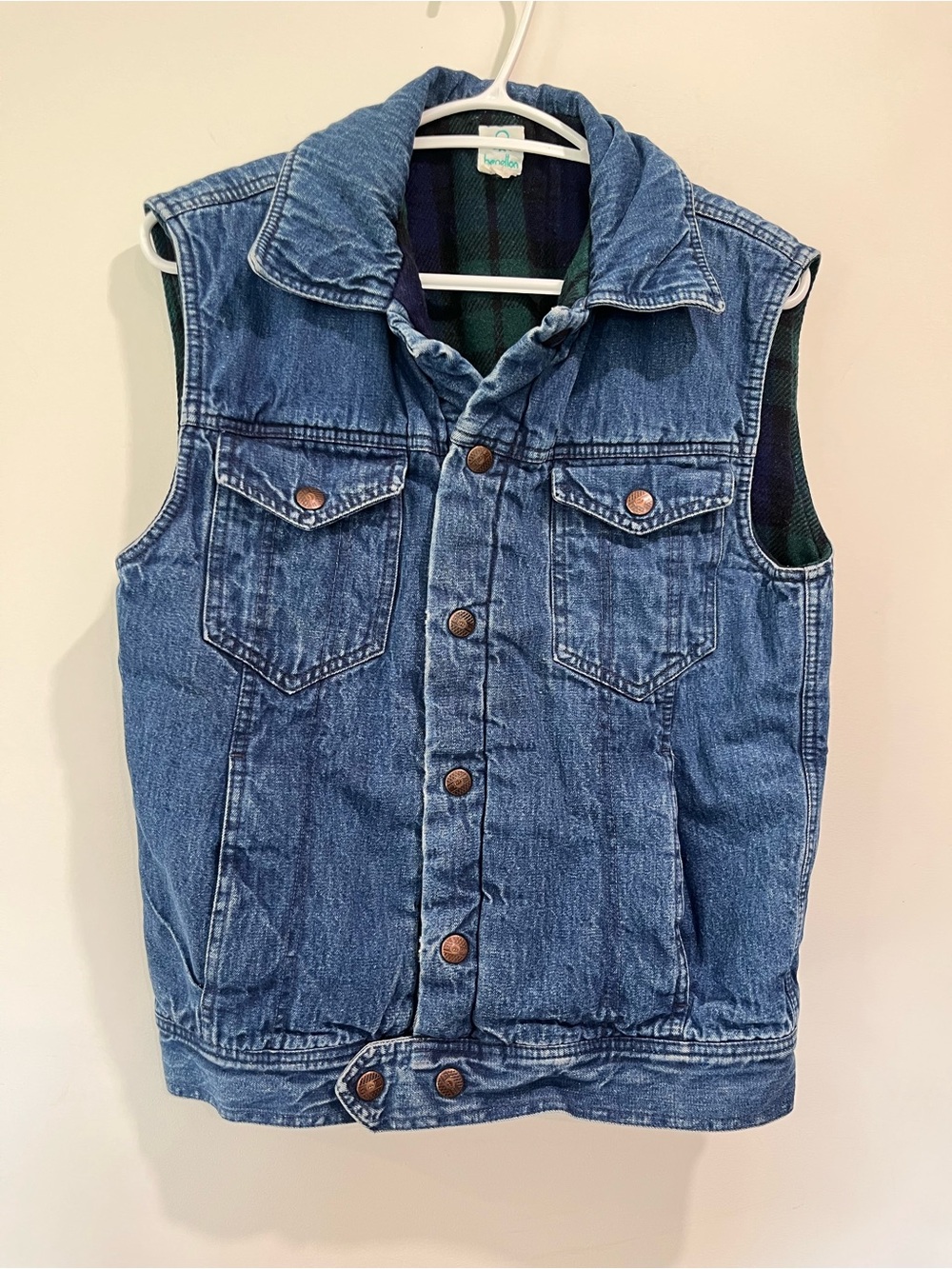 Vintage United Colors Of Benetton Blue Denim Sleeveless Vest Flannel Lined Italy